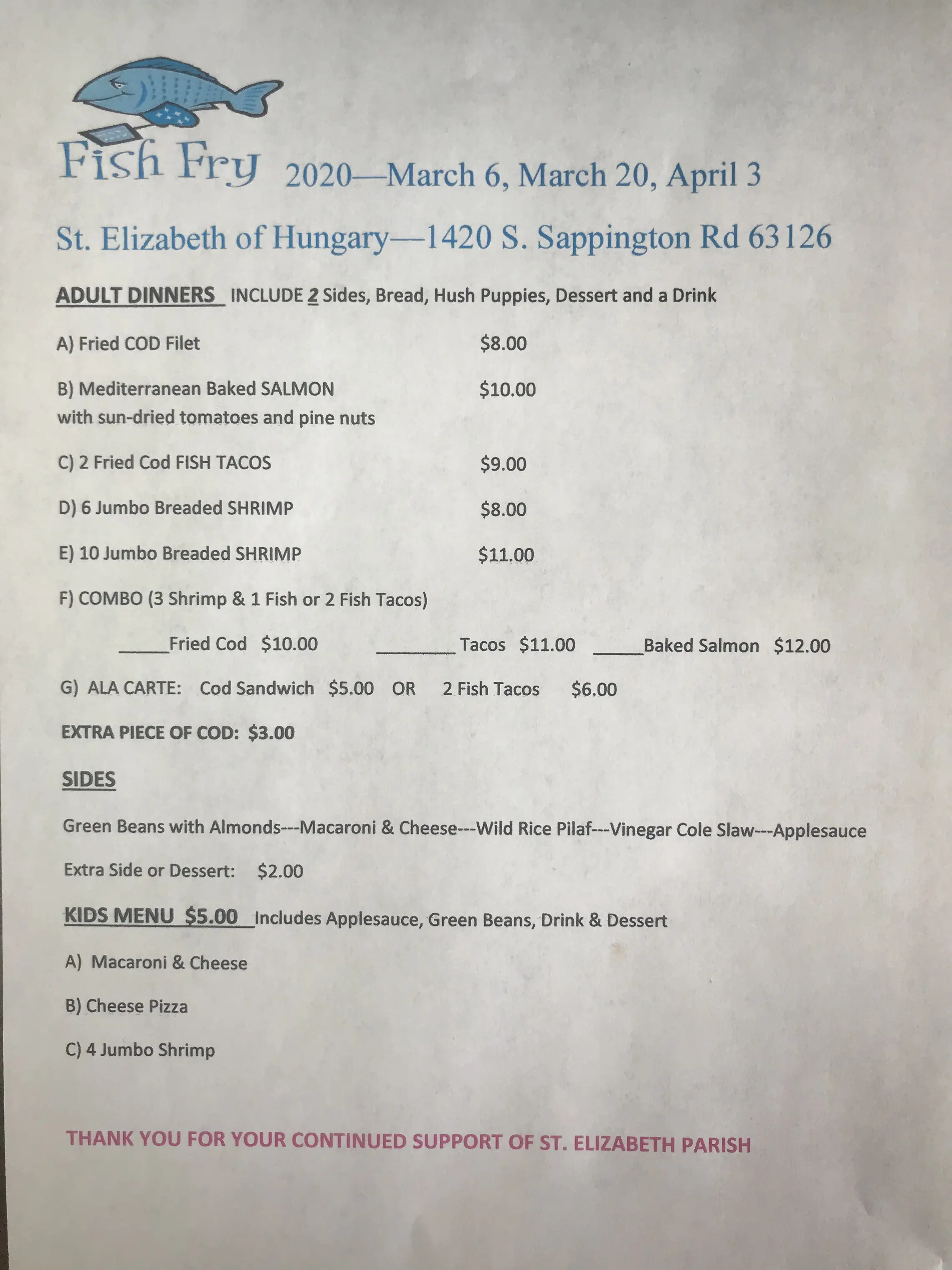 Fish Fry Menu 2020