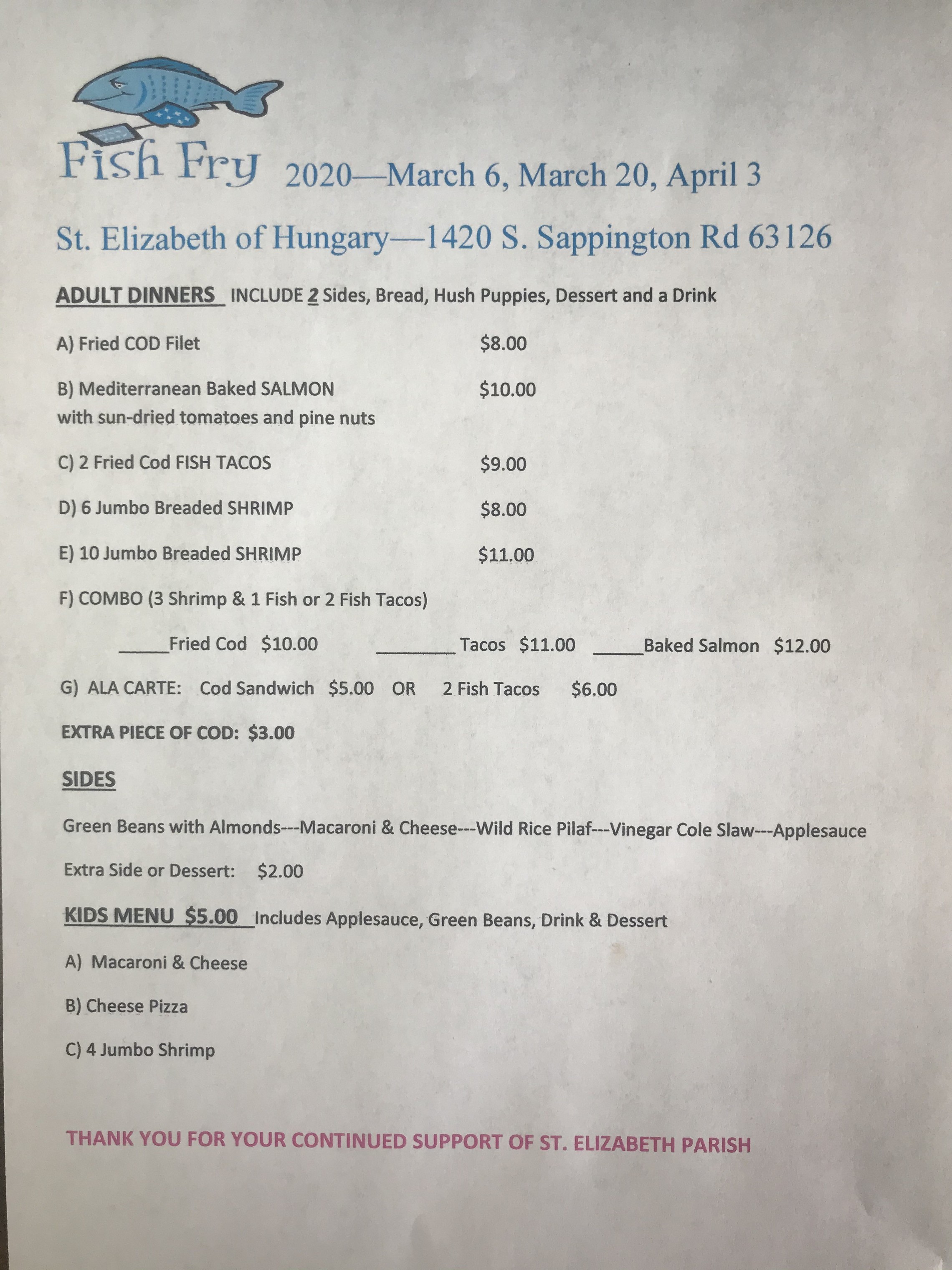 Fish Fry Menu 2020